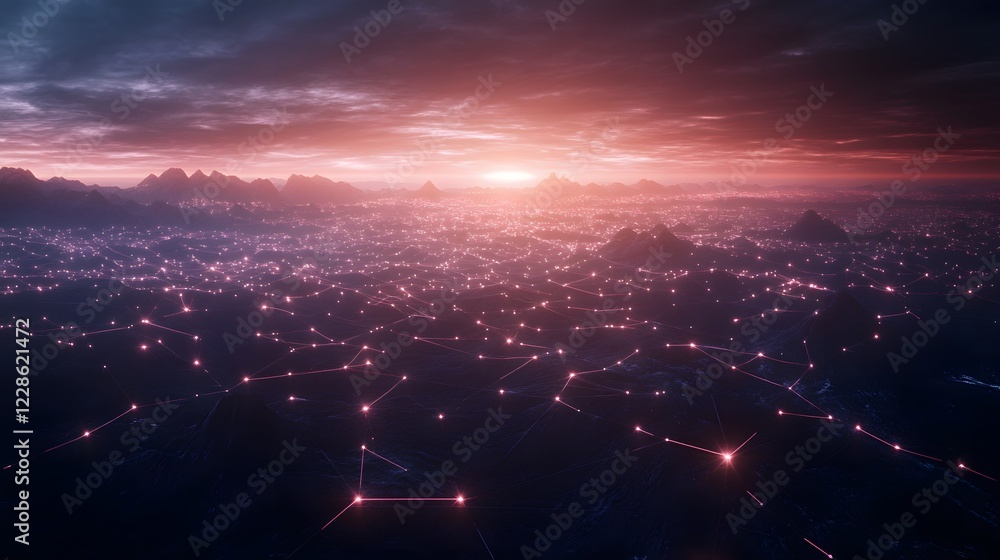 Poster a digital image showcasing a glowing network of interconnected workstations.