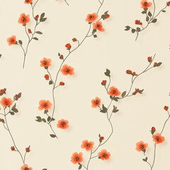 Delicate Floral Pattern with Red Flowers Green Stems Minimalist Design