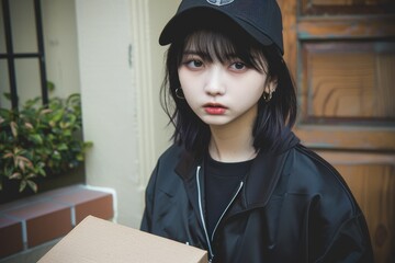 A young woman in a black cap and jacket holds a box, standing outside a building with greenery, exuding a casual yet stylish vibe.
