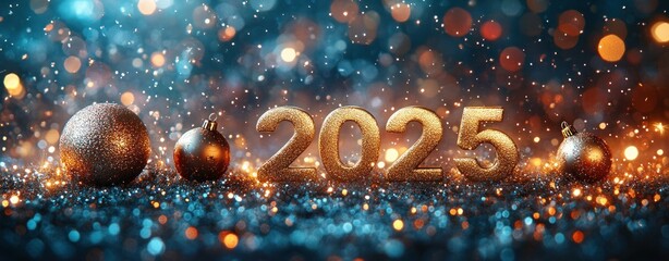 2025 New Year Celebration with Gold Numbers and Fireworks in a Dreamy Bokeh Background