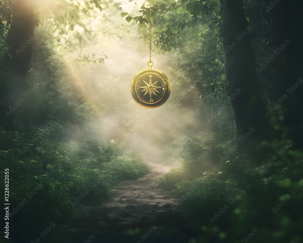 Poster A golden compass hovering over a winding path, symbolizing adventure and exploration in a captivating landscape.