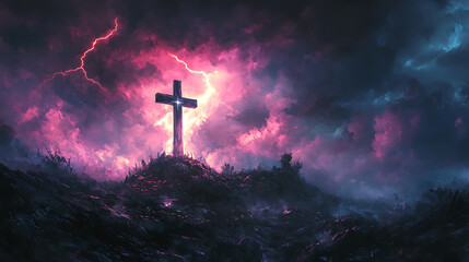 Fototapeta premium A vivid depiction of a cross on a hill, a lightning strike splitting the dark sky, the cross bathed in bright, momentary light, the landscape desolate and shadowed,