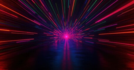 Dynamic Abstract Neon Laser Beams Light Effects Emitting in Various Directions Against Black Background