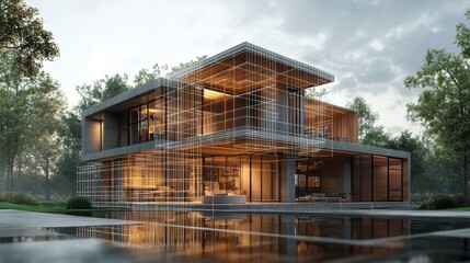 Obraz premium Modern house with wireframe overlay, reflecting in pool. Illustrates architectural design, home building, or real estate concepts.
