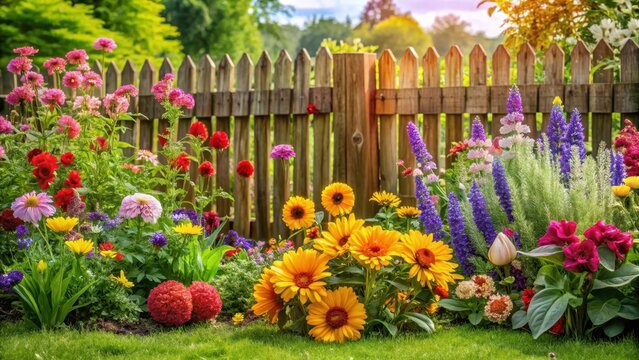 Colorful garden flowers blooming in front of a wooden fence surrounding a lush green meadow, garden decor, vines,  garden decor