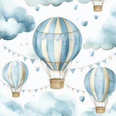 Obraz premium Watercolor Hot Air Balloon Seamless Pattern with Stars and Kites for Children