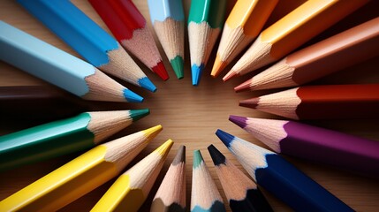 Naklejka premium Colored pencils laid out in a perfect circle forming a wheel shape