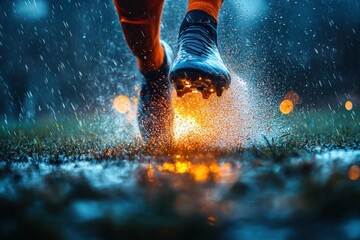 Dynamic Soccer Player in Action with Intense Spotlight Dramatic Low Angle Perspective