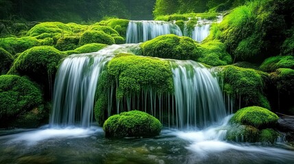 Fototapeta premium Mossy waterfall cascading down rocks in lush forest; nature background for serenity, peace