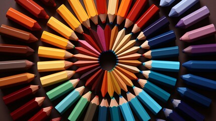 Wheel-shaped arrangement of colored pencils in a vibrant display