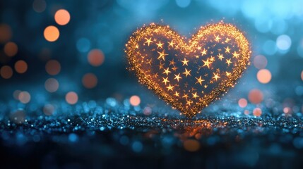 Fototapeta premium A glowing heart of gold stars, perfectly centered on a tranquil blue bokeh design.