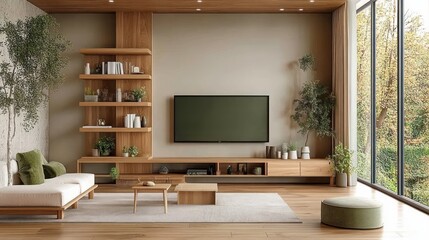 Minimalist Living Room with Wooden TV Unit and Green Accents