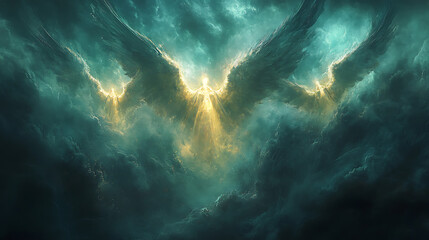 Angels hovering above the suffering, their glowing forms illuminated against a dark, stormy sky, their faces filled with sorrow as they look down, faint beams of light radiating from their wings,