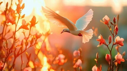 Peaceful Dove in Flight  Sunset  Spring Blossoms  Nature