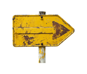 Old yellow road sign with an arrow isolated on a transparent background, cut out
