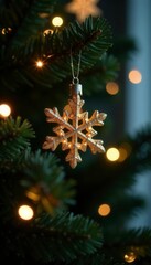 Sparkling lights on the Christmas tree illuminate a glittering gold snowflake ornament amidst the greenery, winter ornaments, sparkling decoration, festive atmosphere