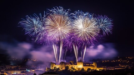 Fireworks explode over medieval castle at night