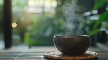 Obraz premium Steaming tea in a dark ceramic bowl on a bamboo mat, with a blurred garden background.