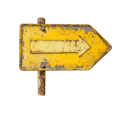Old yellow road sign with an arrow isolated on a transparent background, cut out