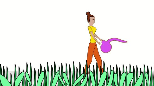 Woman gardener watering plants. Green sprouts. Professional care of seedlings. Cartoon video animation. Background  video 4k looped new
