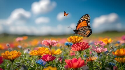 Monarch butterfly on wildflowers, sunny meadow, spring