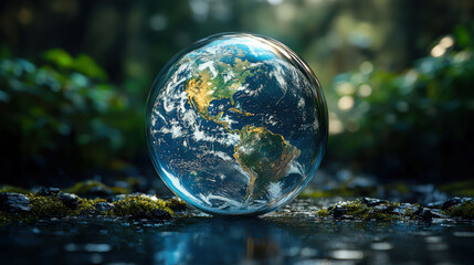 stunning 3D rendering of Earth inside glass dome, showcasing vibrant landscapes