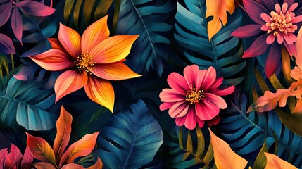 Vibrant tropical flowers, foliage, dark background, website banner