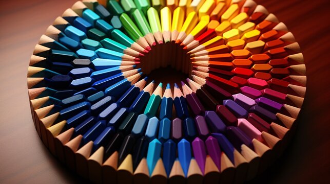 Circular wheel of vibrant colored pencils