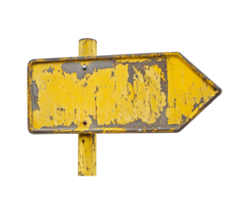 Old yellow road sign with an arrow isolated on a transparent background, cut out