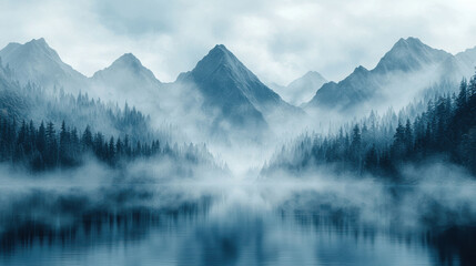 Misty mountain landscape with fog over serene lake and evergreen trees
