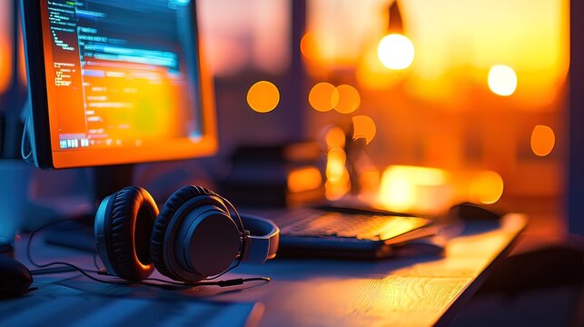Sunset-lit desk with computer, headphones, and keyboard; programmer's workspace.