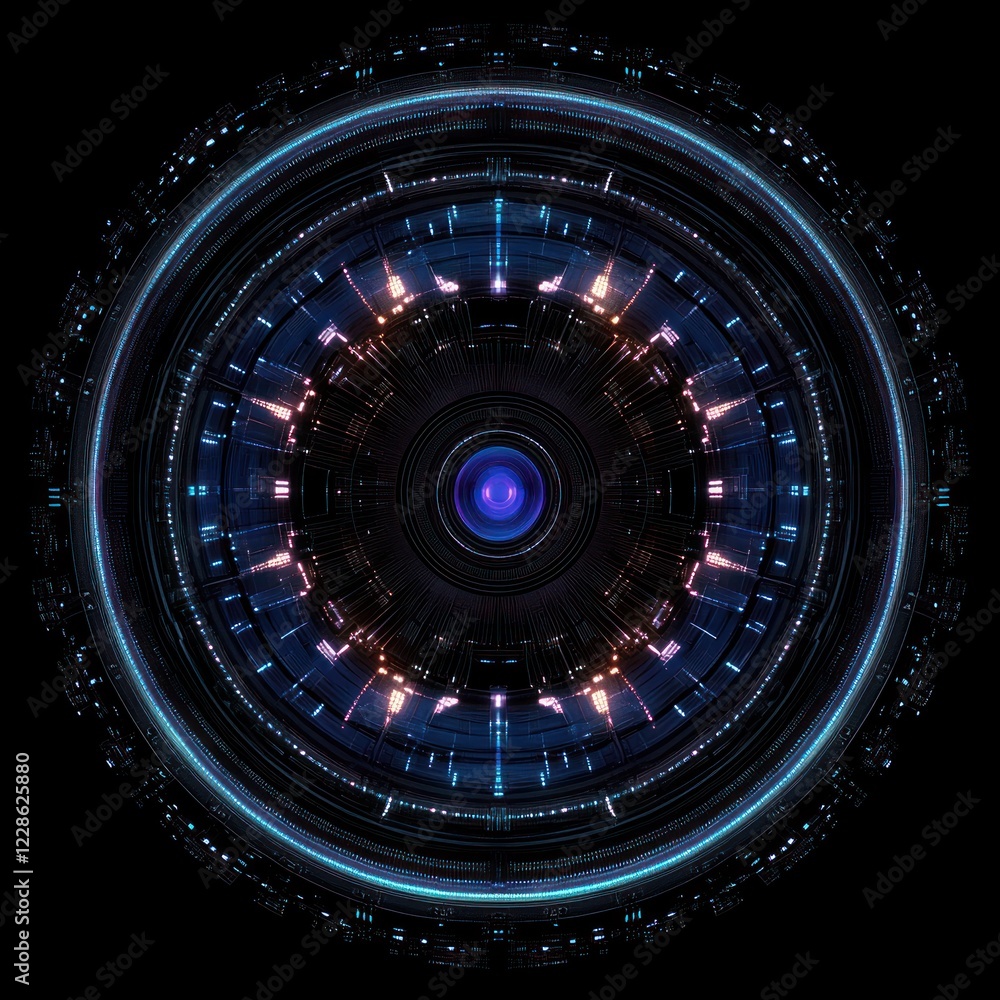 Poster futuristic digital circular pattern interface with neon light effects and complex design on black ba