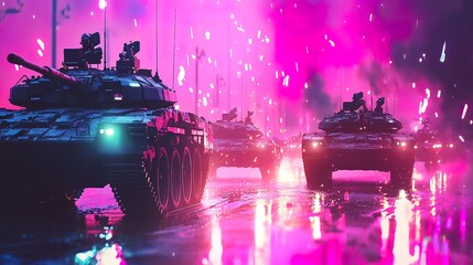 Tanks rolling through a city at night under pink and purple neon lights and fireworks.