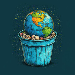 cartoon style globe inside trash bin symbolizes environmental issues