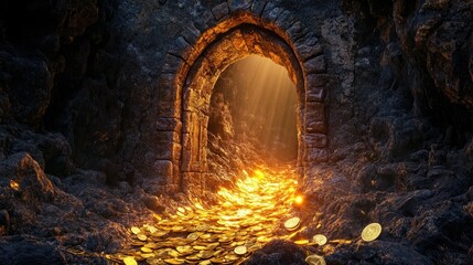 Fototapeta premium A mystical arched stone doorway unveiling a trail of gold coins glowing warmly, with textured stone walls adding an ancient vibe