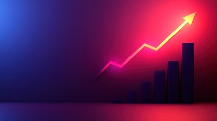 Graph with glowing upward trending arrow in a neon-lit environment. Concept of growth, progress, and financial success