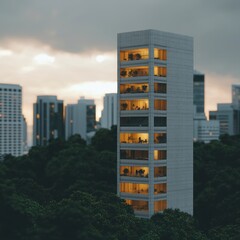 Modern Apartment Building at Sunset  Cityscape  Night Lights