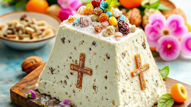 Traditional easter paskha cheesecake with dried fruits and nuts on a rustic wooden board. Happy easter