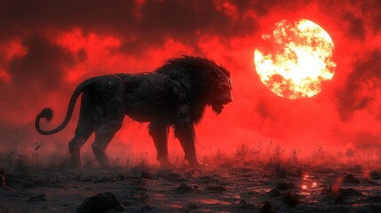 A majestic lion silhouetted against a dramatic red sunset.