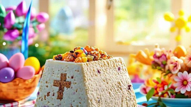Traditional easter paskha cake with candied fruits on a festive table. Happy easter