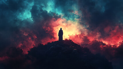 Fototapeta premium Jesus excoriated on a hill, His figure illuminated by the last rays of sunlight, the sky transitioning into deep blues and blacks, dark clouds rolling in, vivid contrasts of light and shadow,