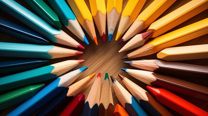 Naklejka premium Top view of colored pencils arranged in a wheel formation