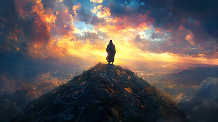 Fototapeta premium Jesus excoriated on a hill, His figure illuminated by the last rays of sunlight, the sky transitioning into deep blues and blacks, dark clouds rolling in, vivid contrasts of light and shadow,