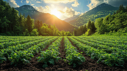 Lush green fields under bright sunrise with mountains in background