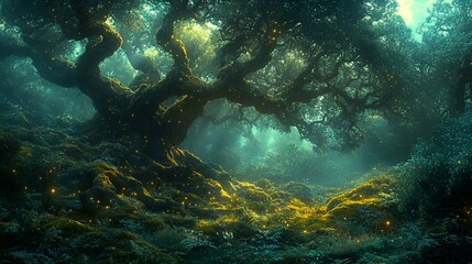 Naklejka premium Enchanting forest, glowing fireflies, ancient tree, misty background, fantasy art