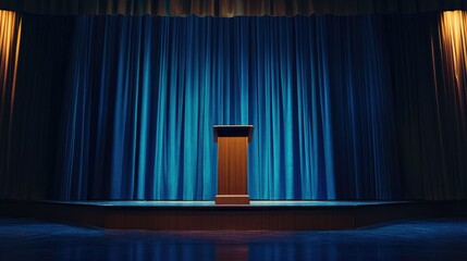 A simple wooden lectern on a stage, framed by elegant blue curtains, under warm stage lighting