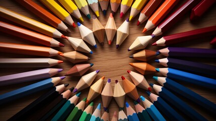Circular arrangement of colored pencils in a wheel design