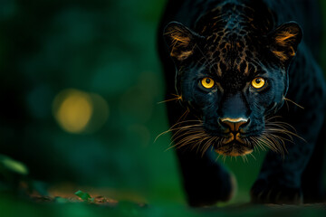 Obraz premium close up portrait of elegant black leopard with striking yellow eyes, showcasing its powerful presence in lush green environment. image captures essence of this majestic creature