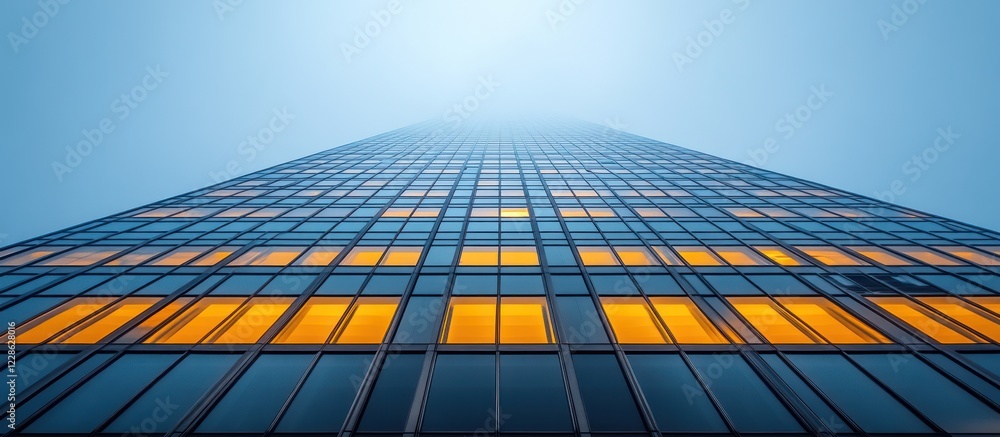Poster low angle view of a skyscraper at dusk with illuminated windows.