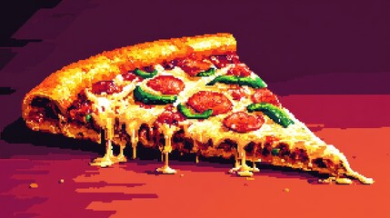 A vibrant pixel art pizza slice with a crispy crust, melted cheese, pepperoni, and green peppers